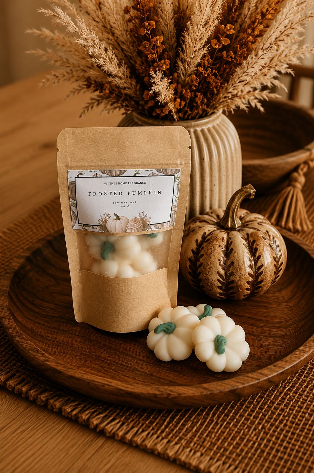 Frosted Pumpkin soy wax melts in a kraft bag with white pumpkin-shaped melts