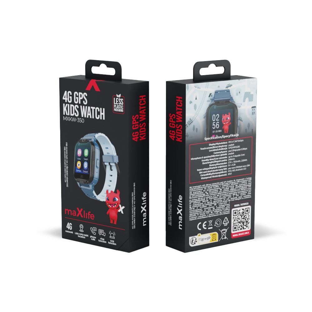 Maxlife 4G GPS kids watch box, front and back, blue version