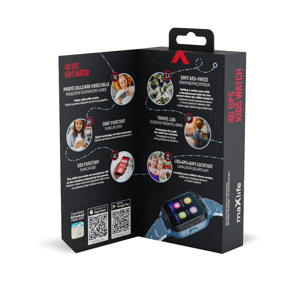 Maxlife 4G GPS kids watch box opened to show the features, blue version