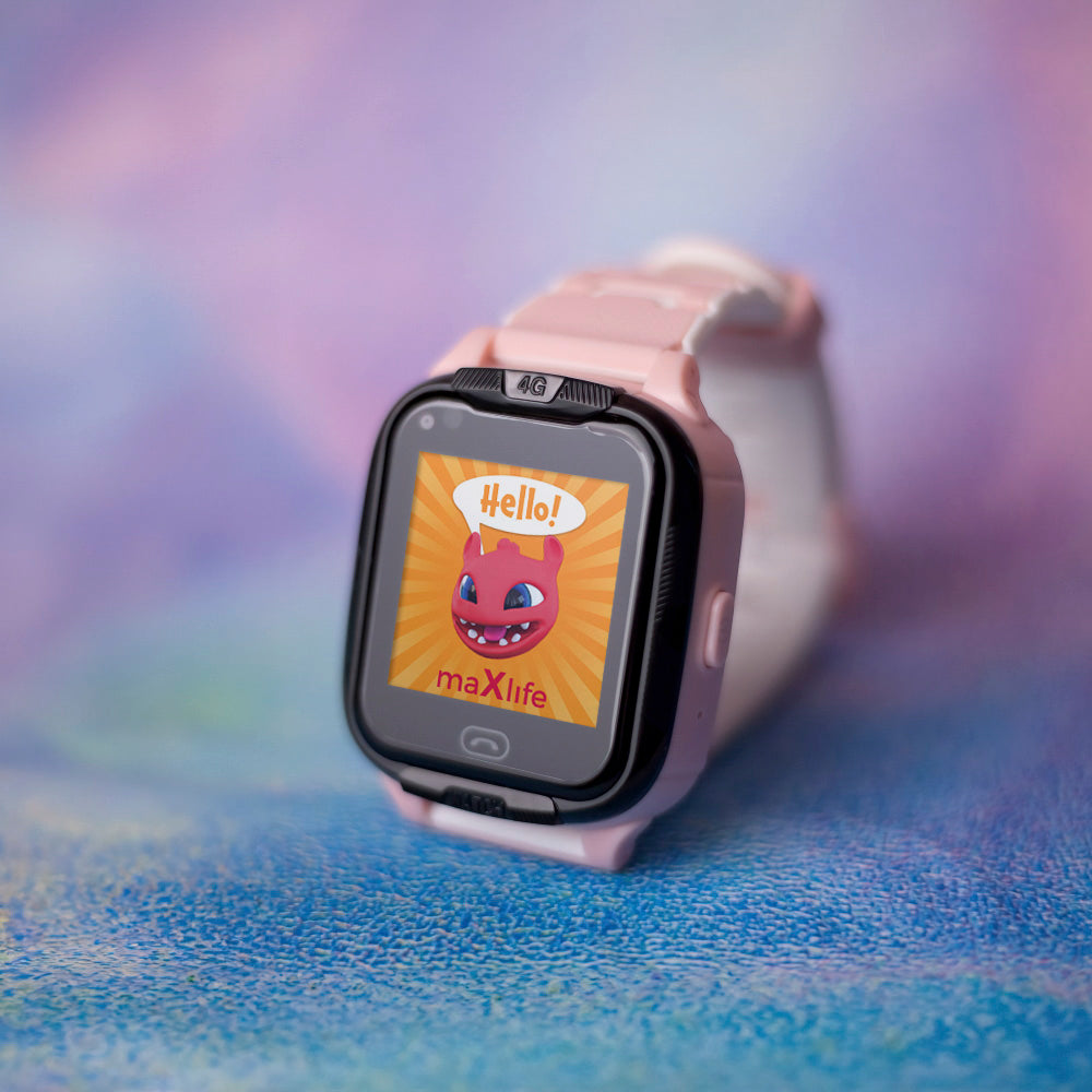 Pink Maxlife 4G GPS kids smartwatch on a colourful background