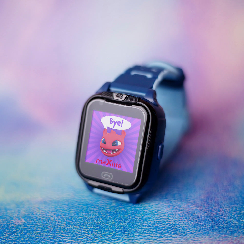 Blue Maxlife 4G GPS kids smartwatch on a colourful background