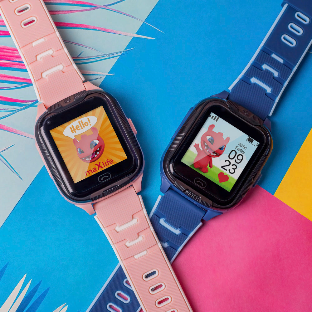 Pink and blue Maxlife 4G GPS kids smartwatches side by side