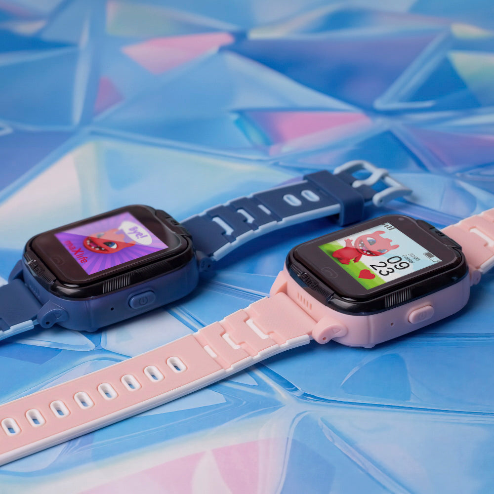 Blue and pink Maxlife 4G GPS kids smartwatches side by side