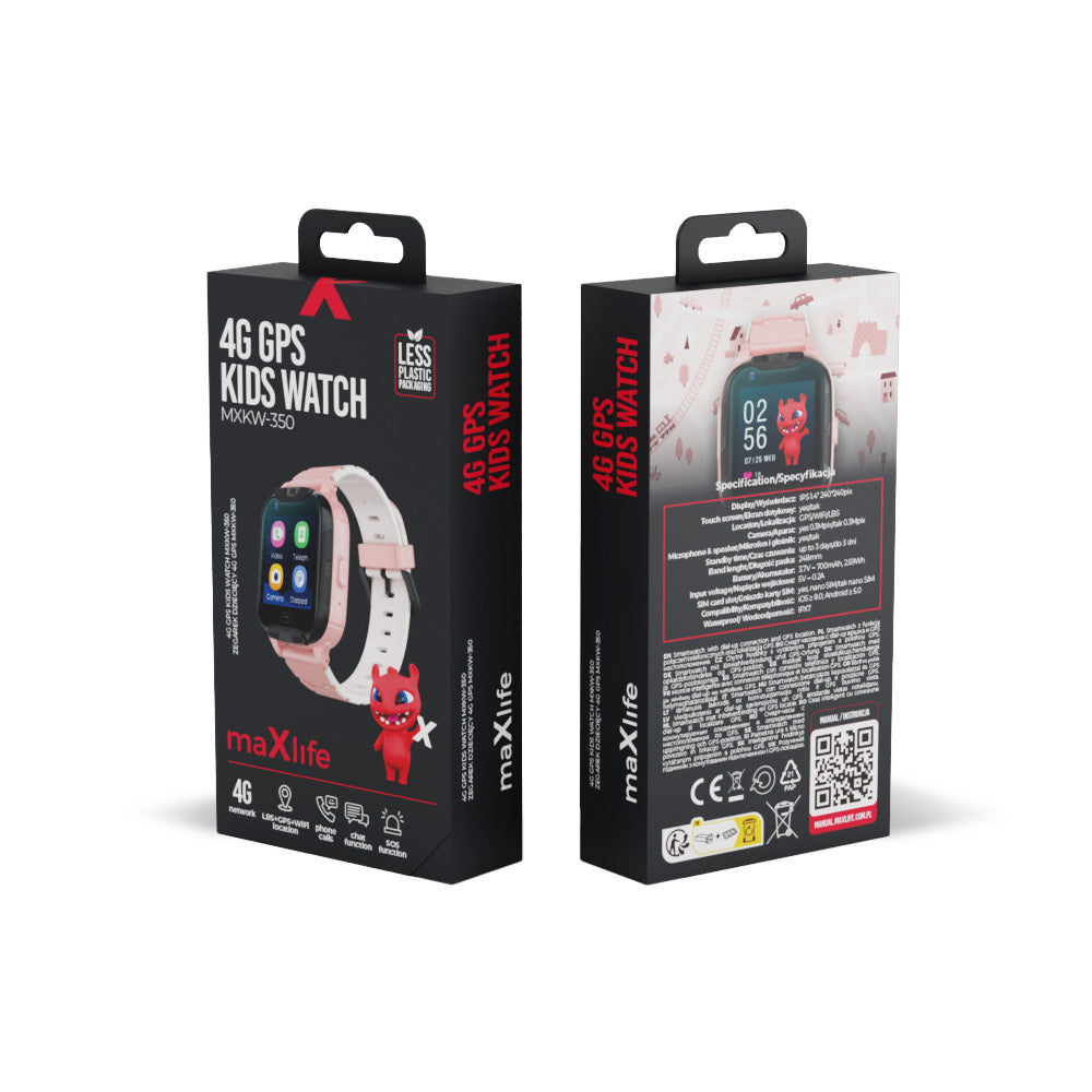 Maxlife 4G GPS kids watch box, front and back, pink version
