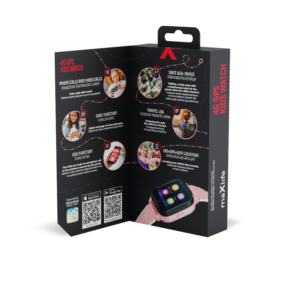 Maxlife 4G GPS kids watch box opened to show the features, pink version
