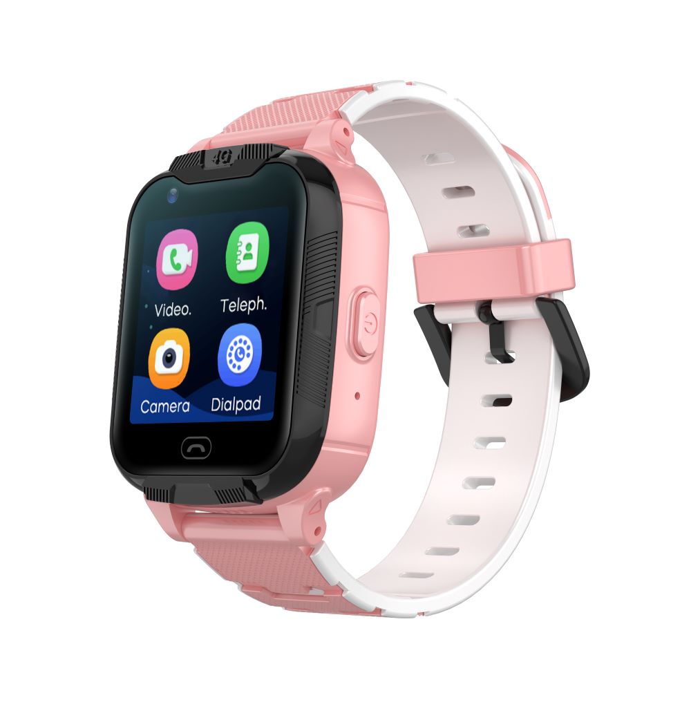 Pink Maxlife kids smartwatch showing the video call, phone, camera and dialpad apps