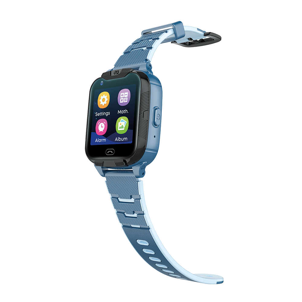 Blue Maxlife kids smartwatch, side view showing the app menu