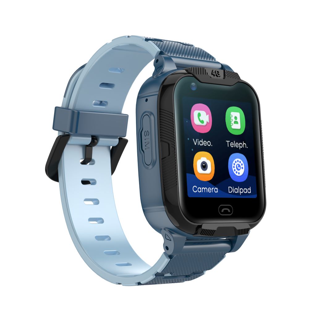 Blue Maxlife kids smartwatch showing the video call, phone, camera and dialpad apps