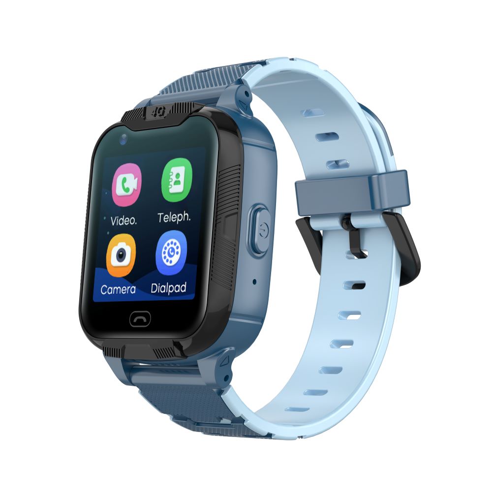 Blue Maxlife kids smartwatch, angled front view of the app screen