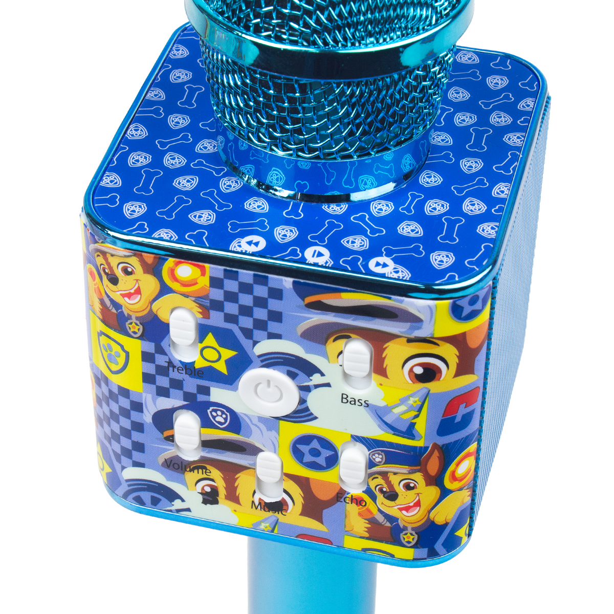 Close-up of the blue Paw Patrol microphone's treble, bass, volume, music and echo sliders
