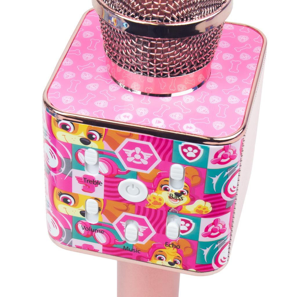 Close-up of the pink Paw Patrol microphone's treble, bass, volume, music and echo sliders