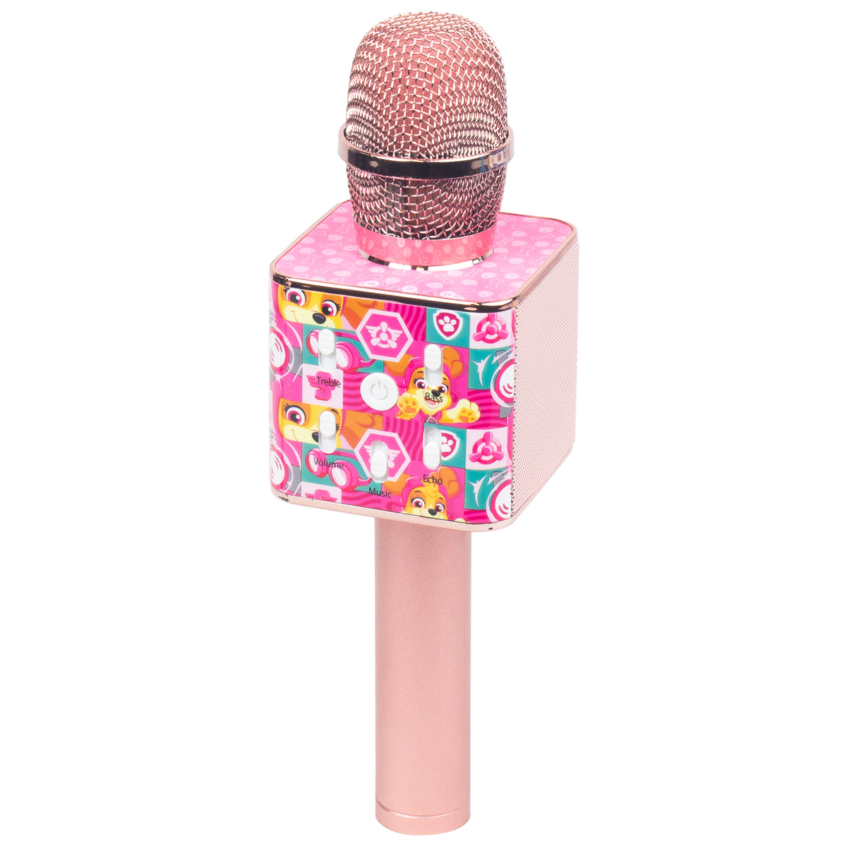 Paw Patrol karaoke microphone in pink with Skye design, front view