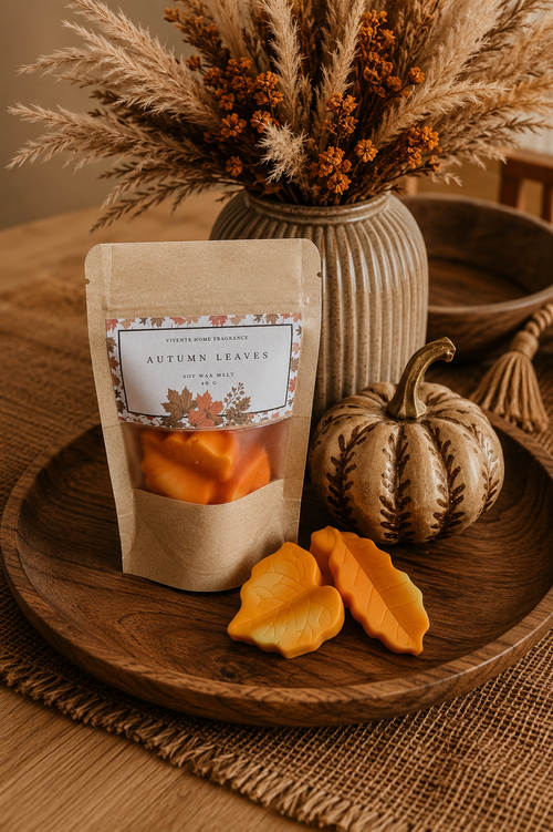 Autumn Leaves soy wax melts in a kraft bag with orange leaf-shaped melts