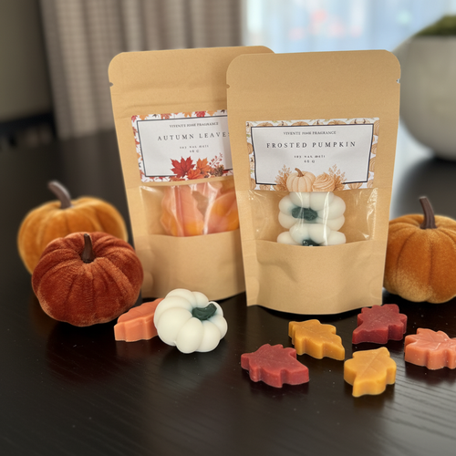 Autumn Leaves and Frosted Pumpkin soy wax melt bags with leaf and pumpkin shaped melts