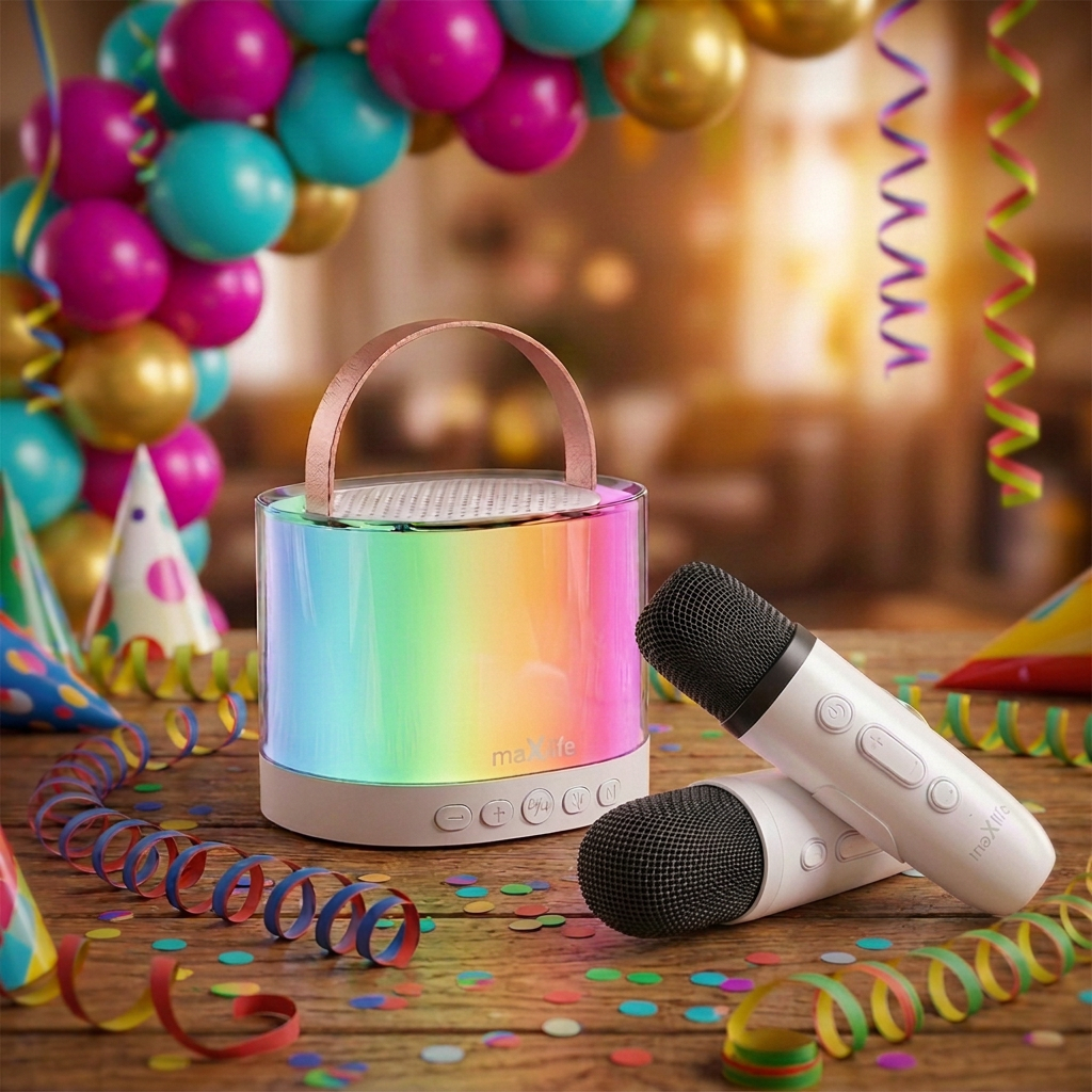 MaXlife karaoke speaker with two white microphones, blurred party background