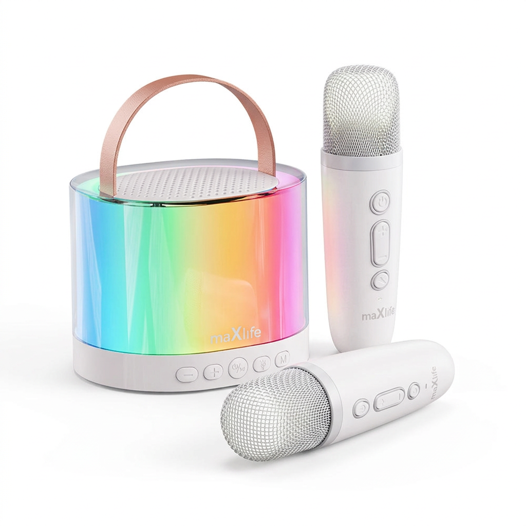 maXlife karaoke speaker set with two white microphones