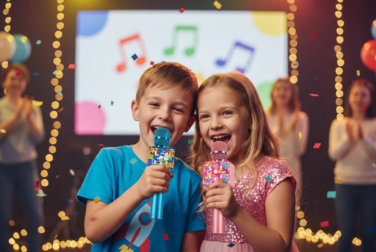 Two children singing into blue and pink Paw Patrol karaoke microphones at a party