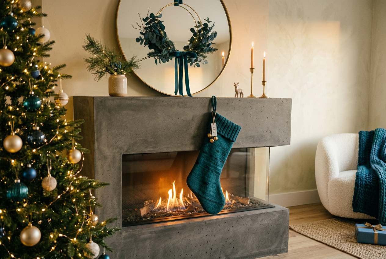 Modern stocking on fireplace in teal, gold and mid blue