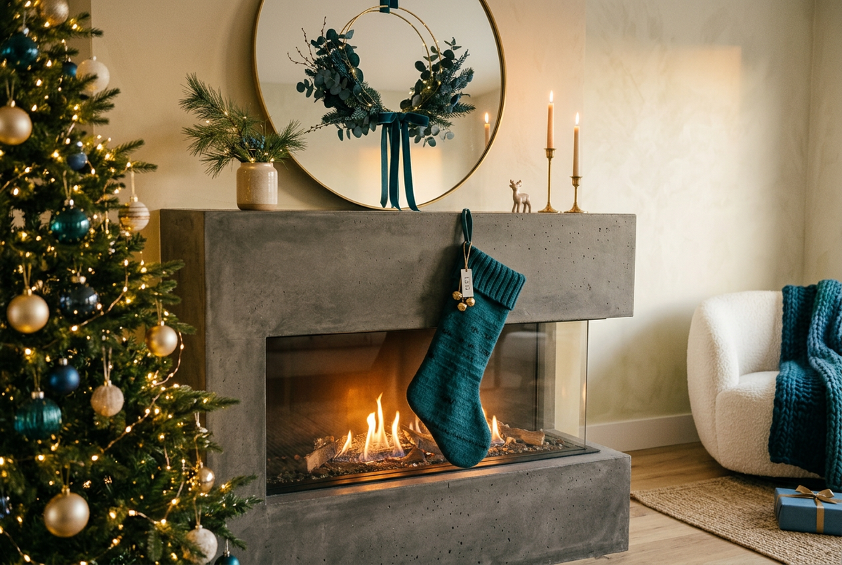 Modern stocking on fireplace in teal, gold and mid blue